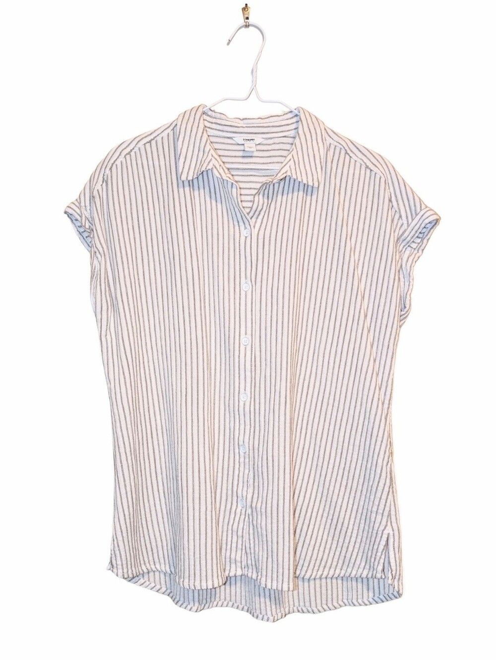 Sonoma White Button-Down Shirt with Navy Pinstripes